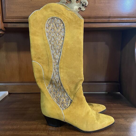Vintage Andrea Borgini Suede Cowgirl Boots Gold Sheer 80s 90s Italy Sz 6 Western - Picture 1 of 16